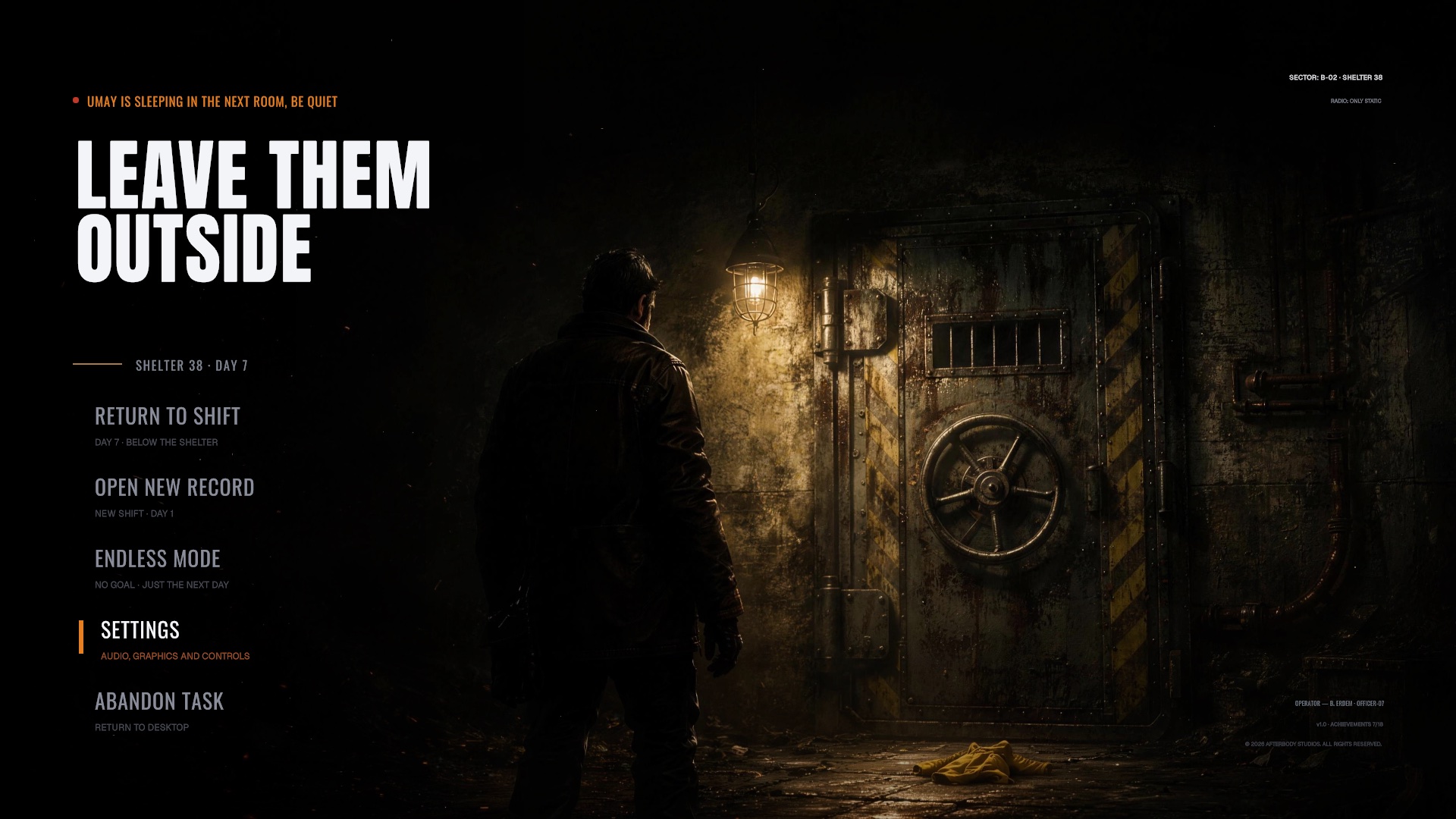 Leave Them Outside main menu in front of the shelter door