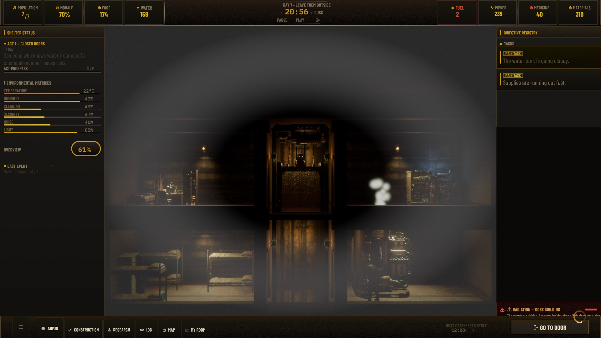 Shelter management interface showing rooms, resources and tasks